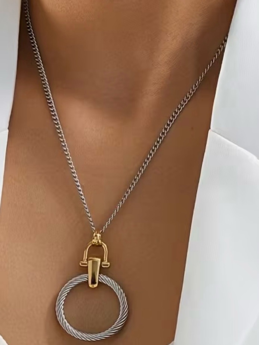 Two-Tone Gold & Silver Rope Circle Pendant Necklace
